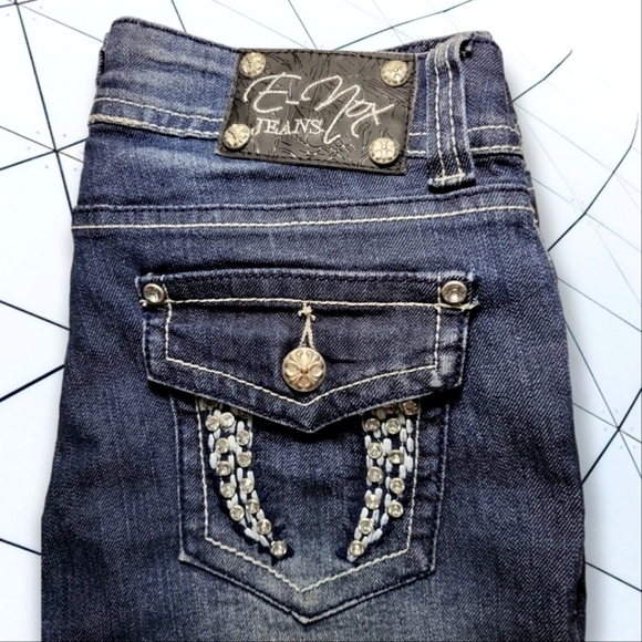 E-Nox Crystal Studded Angle Wing Pockets Mid-rise Bootcut Jeans. - Picture 4 of 7